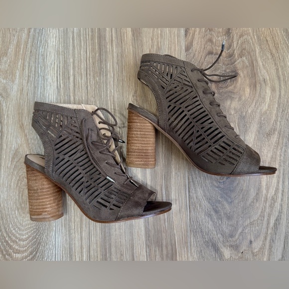 SAM EDELMAN Rocco US 6.5M Brown Suede Cloth Lace Up Sandal Round Chunk Heel EUC - Picture 3 of 5